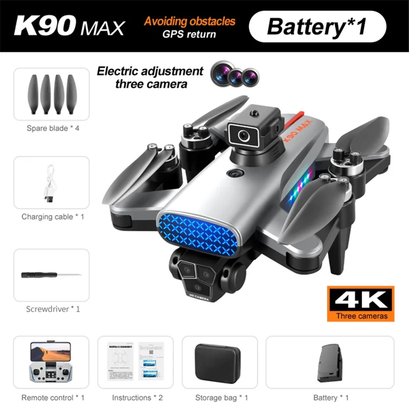 XKJ K90 Max Drone Brushless GPS 8K Três câmeras 5G WiFi FPV Evitar obstáculos RC Quadricóptero, 1 bateria - Cinza 