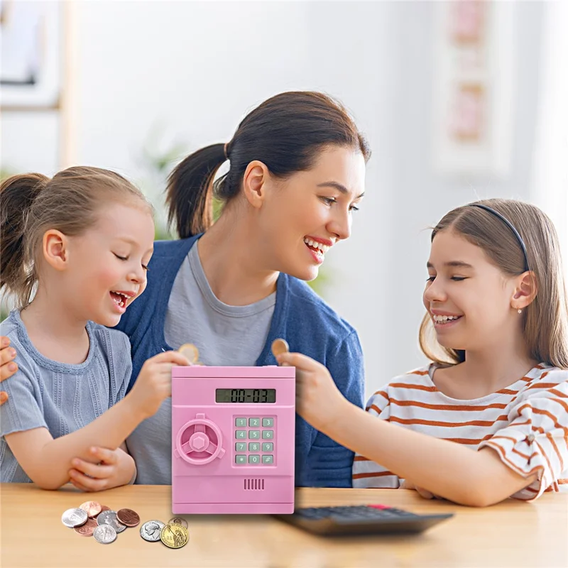Simulação Retro Mini Cofre de Senha ABS Brinquedo Criativo Porquinho Mealheiro Automático Reconhecimento e Contagem de Moedas (Versão Dólar Americano) - Rosa