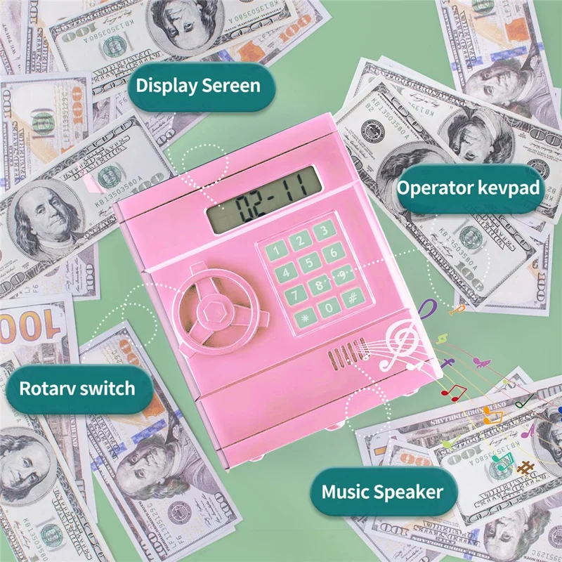 Simulação Retro Mini Cofre de Senha ABS Brinquedo Criativo Porquinho Mealheiro Automático Reconhecimento e Contagem de Moedas (Versão Dólar Americano) - Rosa