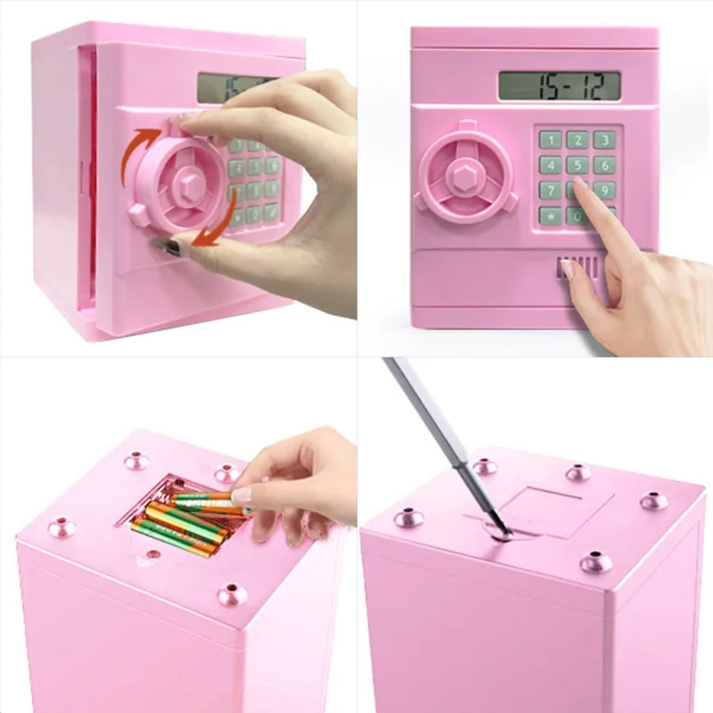 Simulação Retro Mini Cofre de Senha ABS Brinquedo Criativo Porquinho Mealheiro Automático Reconhecimento e Contagem de Moedas (Versão Dólar Americano) - Rosa