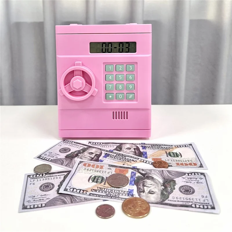 Simulação Retro Mini Cofre de Senha ABS Brinquedo Criativo Porquinho Mealheiro Automático Reconhecimento e Contagem de Moedas (Versão Dólar Americano) - Rosa