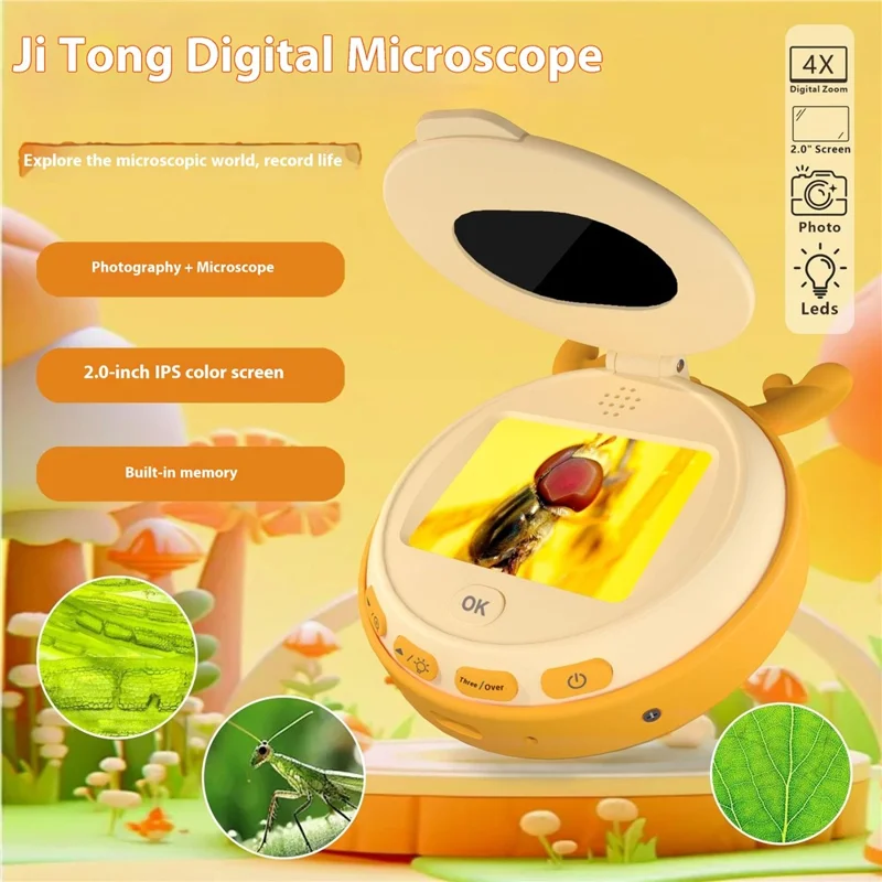 Microscópio HM020F para Crianças 2.0 Tela IPS HD 7 Luzes LED Gravador de Vídeo com Aumento de 100X