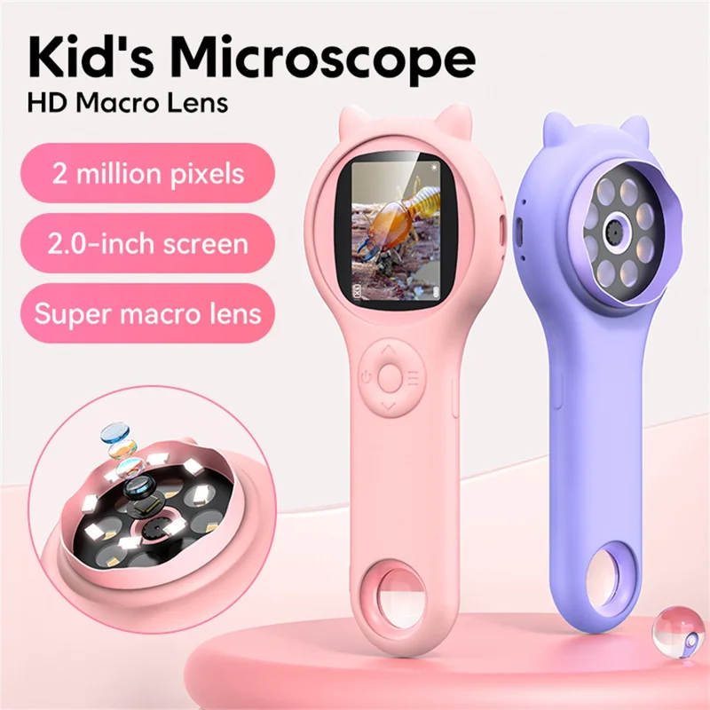 355 Digitales Mikroskop 2-Zoll-IPS-HD-Bildschirm 500x-Vergrößerung Wissenschaftliches Bildungsspielzeug - Pink