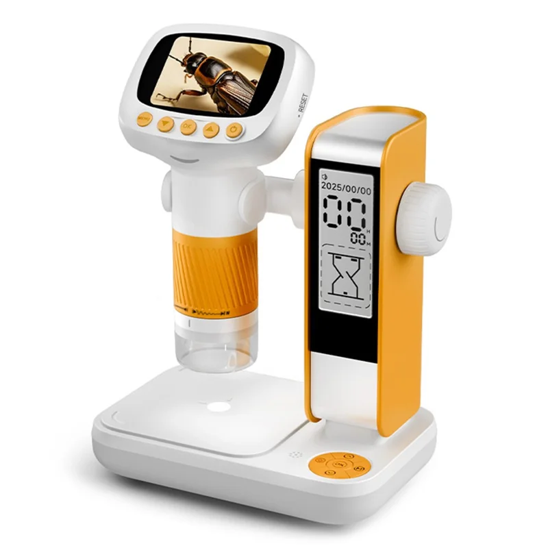 CM5 2 inch Screen Electronic Microscope 1000X HD Digital Microscope Height Adjustable with Alarm Clock and Photo Function - Orange Yellow