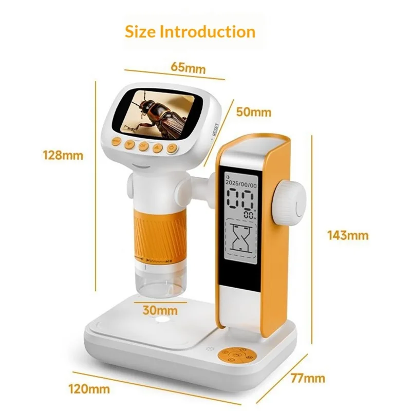 CM5 2 inch Screen Electronic Microscope 1000X HD Digital Microscope Height Adjustable with Alarm Clock and Photo Function - Orange Yellow