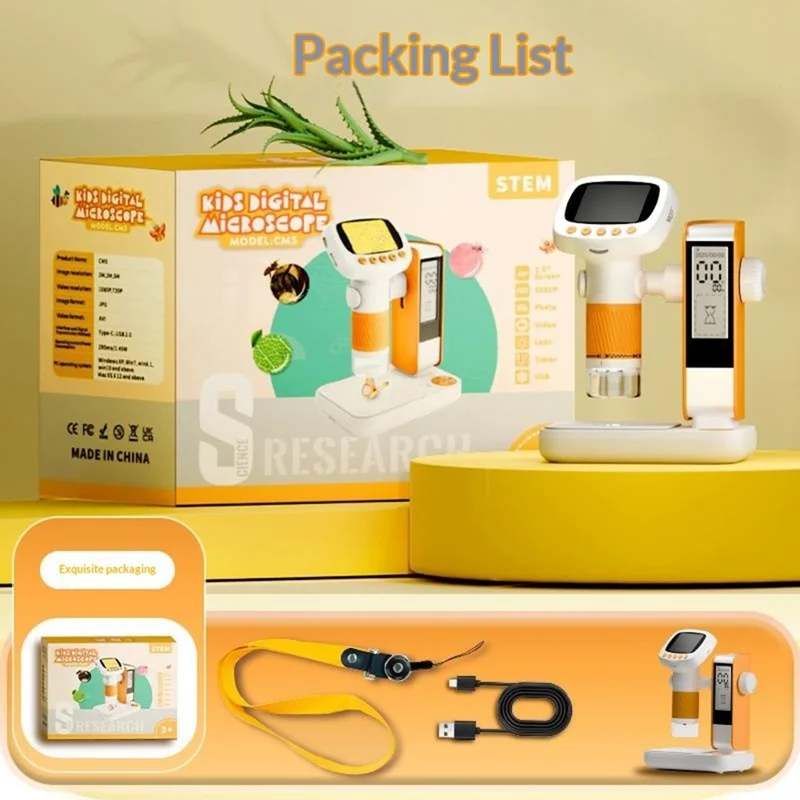 CM5 2 inch Screen Electronic Microscope 1000X HD Digital Microscope Height Adjustable with Alarm Clock and Photo Function - Orange Yellow