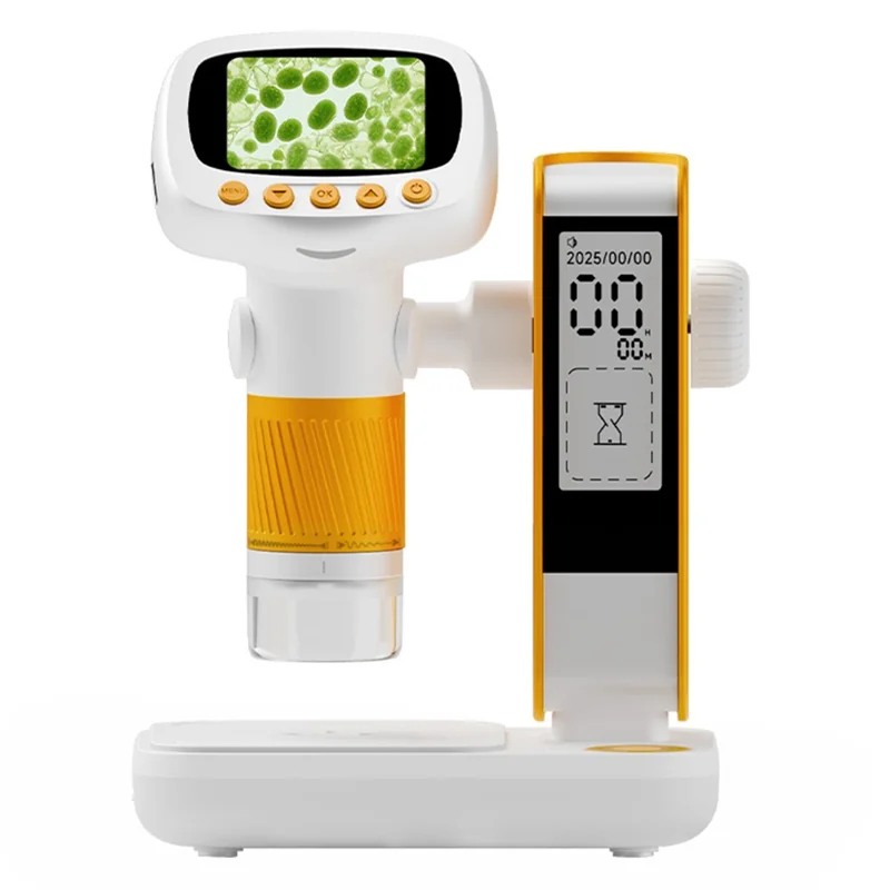 CM5 2 inch Screen Electronic Microscope 1000X HD Digital Microscope Height Adjustable with Alarm Clock and Photo Function - Orange Yellow
