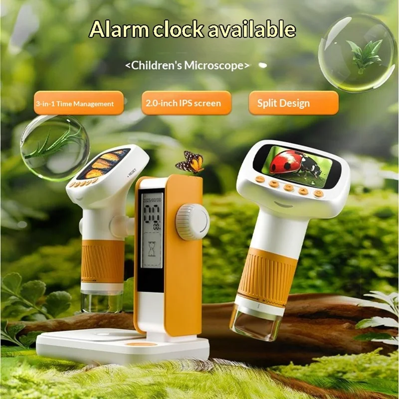 CM5 2 inch Screen Electronic Microscope 1000X HD Digital Microscope Height Adjustable with Alarm Clock and Photo Function - Orange Yellow