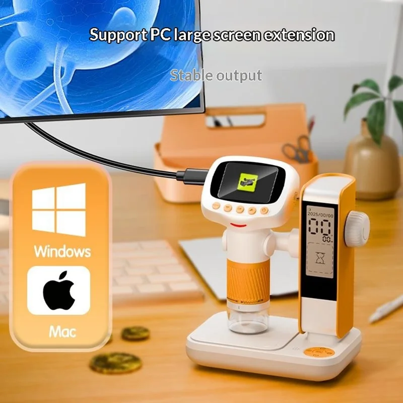 CM5 2 inch Screen Electronic Microscope 1000X HD Digital Microscope Height Adjustable with Alarm Clock and Photo Function - Orange Yellow