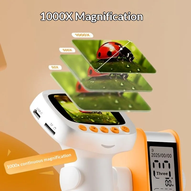 CM5 2 inch Screen Electronic Microscope 1000X HD Digital Microscope Height Adjustable with Alarm Clock and Photo Function - Orange Yellow
