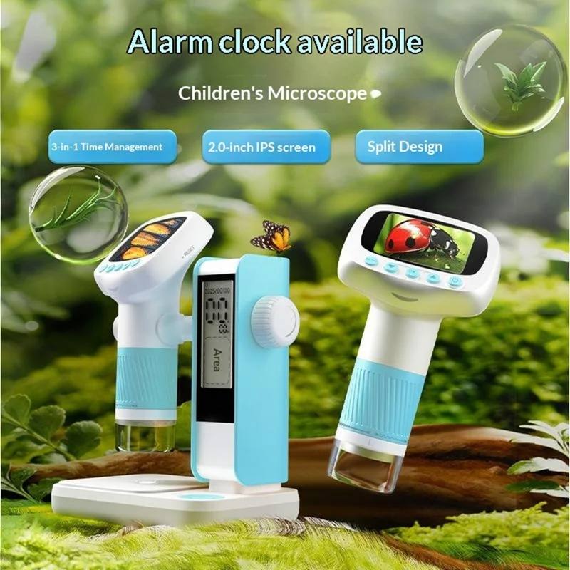 CM5 Электронный микроскоп с 2-дюймовым экраном, цифровой микроскоп HD 1000X с регулируемой высотой, функцией будильника и съемки — небесно-голубой