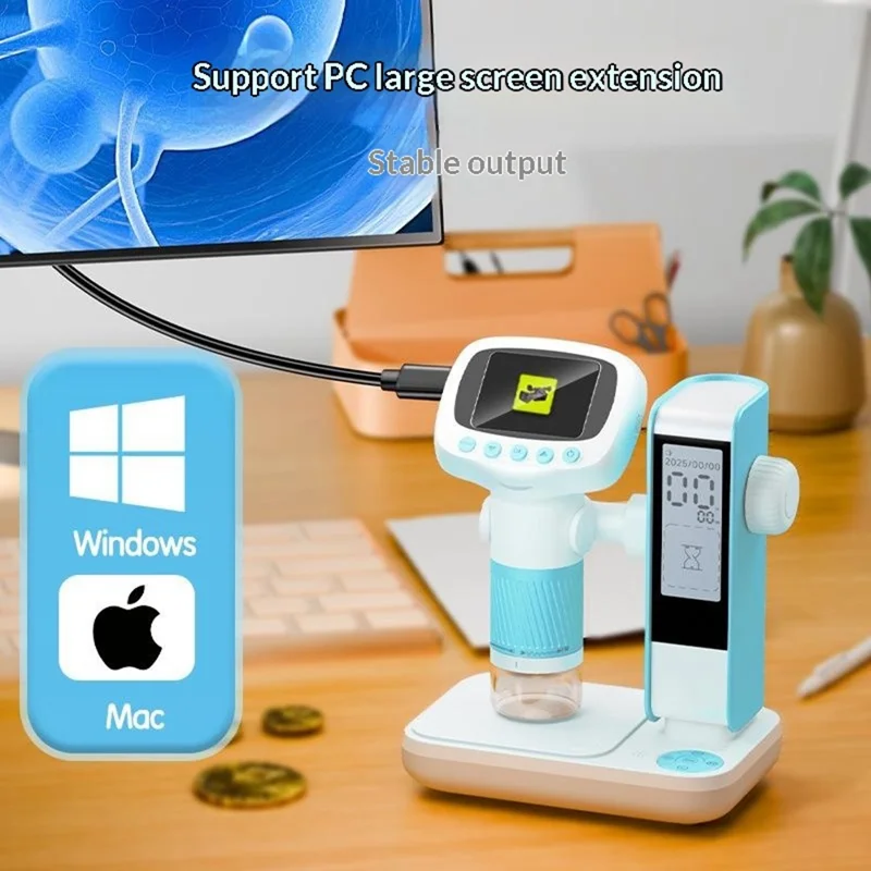 CM5 Электронный микроскоп с 2-дюймовым экраном, цифровой микроскоп HD 1000X с регулируемой высотой, функцией будильника и съемки — небесно-голубой