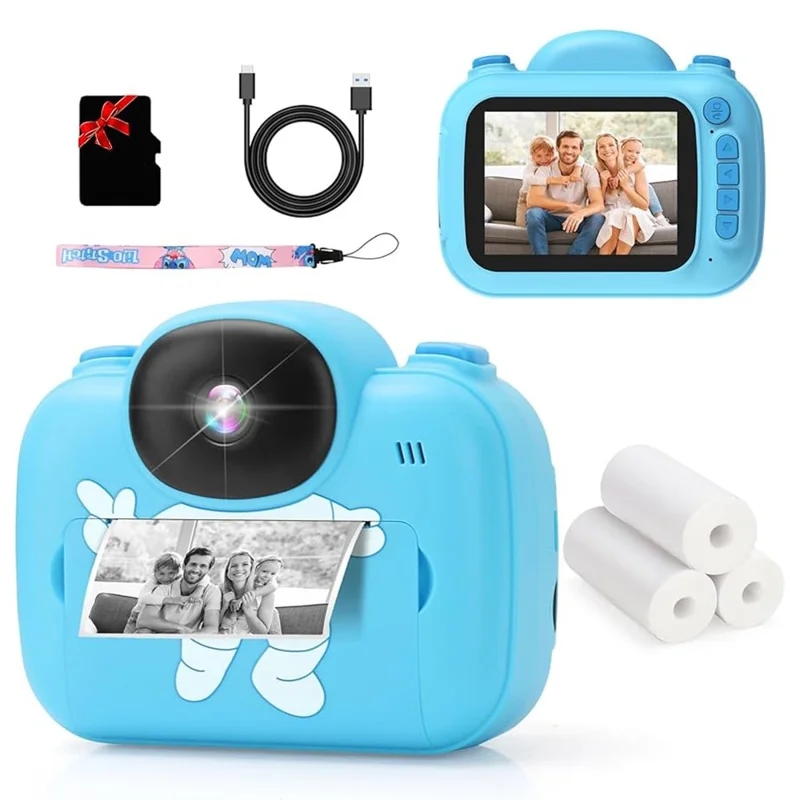 Câmara Digital Infantil de Desenho Animado de 3,5 polegadas com Ecrã HD, Gravador de Vídeo e Câmara de Impressão Instantânea - Azul Claro