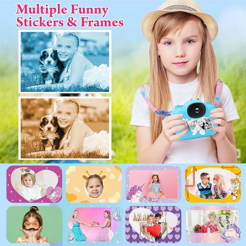 Câmara Digital Infantil de Desenho Animado de 3,5 polegadas com Ecrã HD, Gravador de Vídeo e Câmara de Impressão Instantânea - Azul Claro
