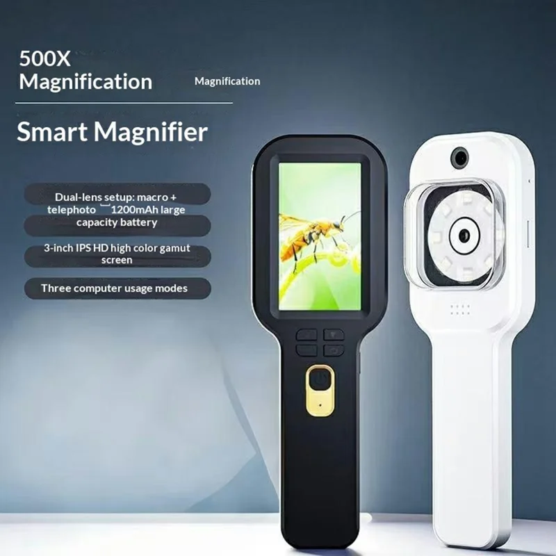 V8 500X Handheld Digital Magnifier 3 inch IPS HD Electronic Screen Magnifying Glass Support 4TB Memory Expansion for Appraisal Observation - Black