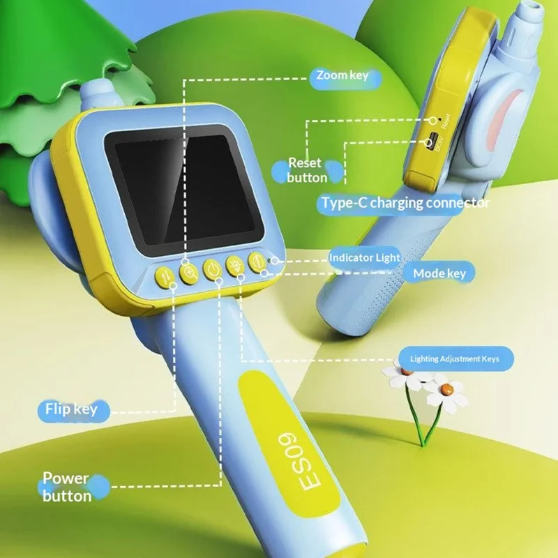 ES09 Kids Endoscope 2.4 Inch HD 200W Handheld Exploration Fun Children Microscope No Memory Card - Blue