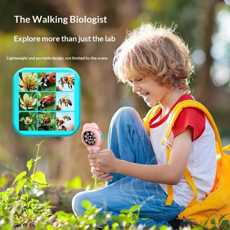 A10 Microscope numérique portable 500X avec objectif à double lentille et éclairage LED pour l'exploration scientifique en extérieur, jouet éducatif pour enfants (sans carte TF) - Rose