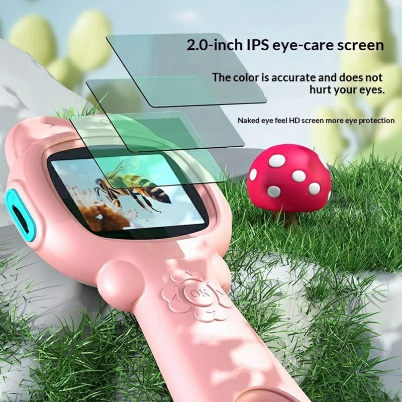 A10 Microscope numérique portable 500X avec objectif à double lentille et éclairage LED pour l'exploration scientifique en extérieur, jouet éducatif pour enfants (sans carte TF) - Rose