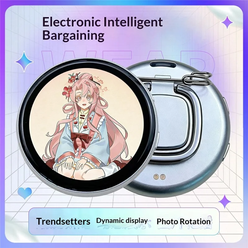 N88 Insignia electrónica con pantalla táctil de 1.85 pulgadas, insignia magnética para anime con Bluetooth, color plata