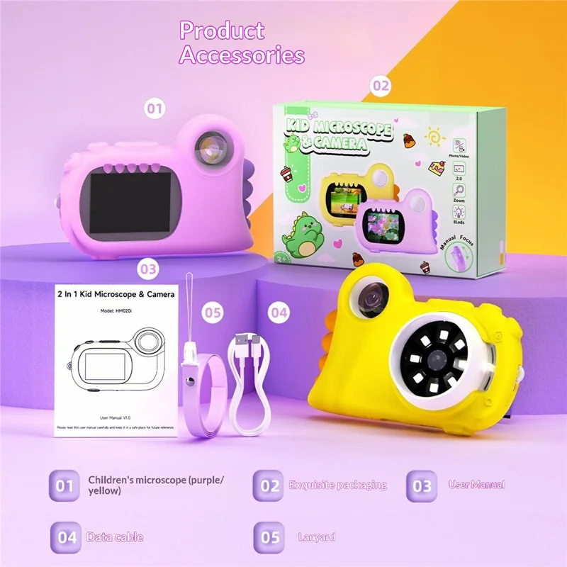 HM020i Kids Digital Microscope No Memory Card Handheld 2.0 Inch Screen Science Experiment Educational Toy Magnifying Glass - Purple