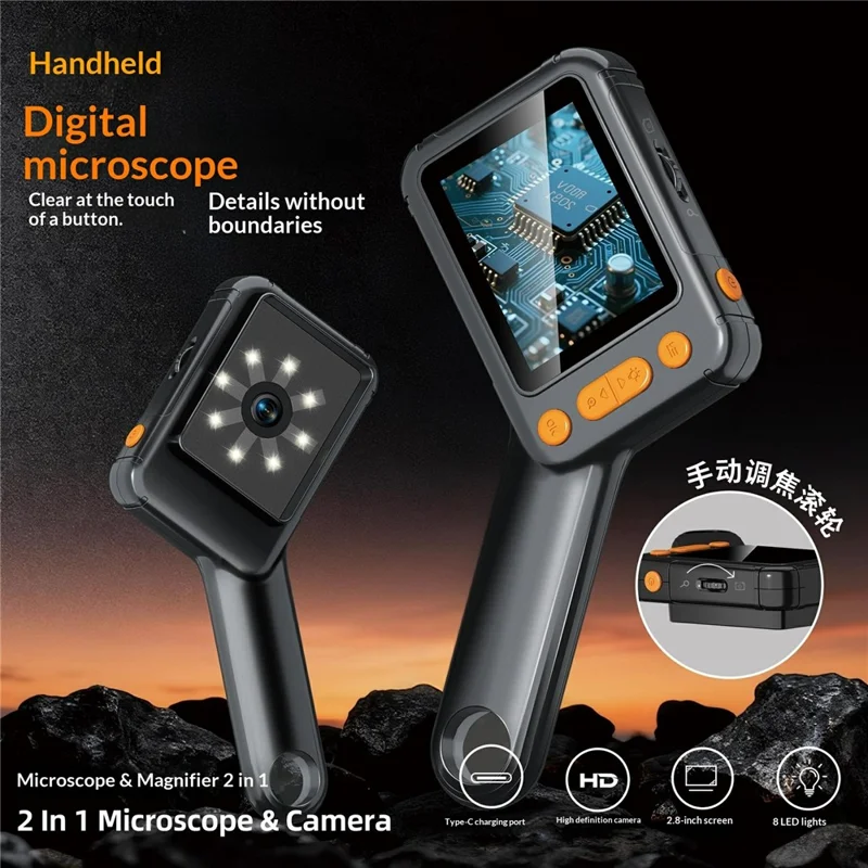 Microscope numérique HM028B 2,8 pouces, caméra à 8 LED réglables, vidéo, loupe portable pour enfants et réparations électroniques