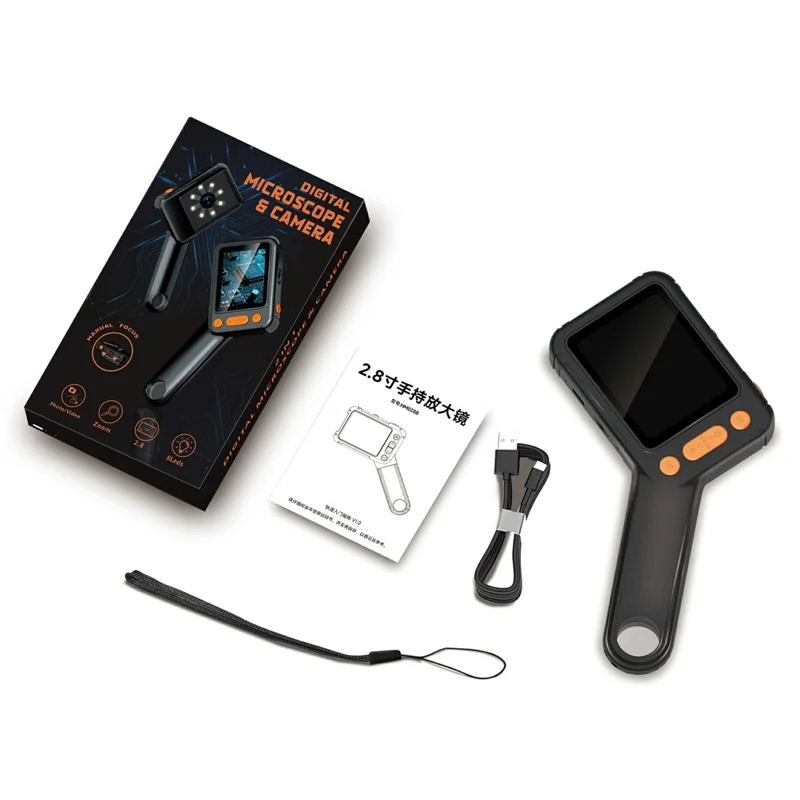 Microscope numérique HM028B 2,8 pouces, caméra à 8 LED réglables, vidéo, loupe portable pour enfants et réparations électroniques
