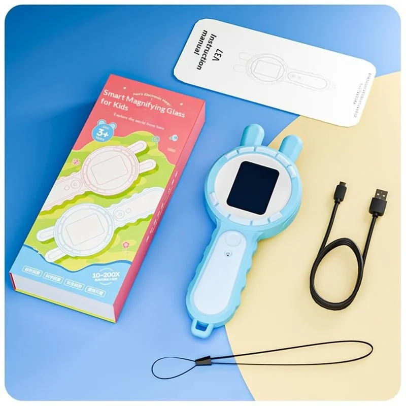 V37 Kids Digital Magnifying Glass 2" IPS HD Screen 200X Zoom 16 LED Lights Magnifiers for Science Educational Toy - Blue