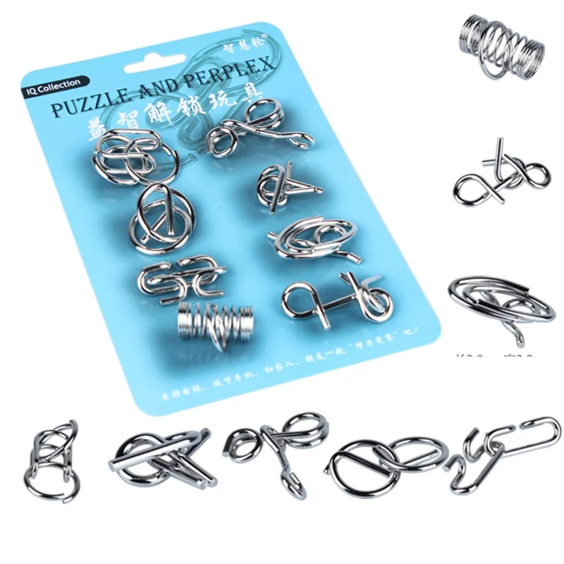 WISDOM WHEEL 8Pcs / Set Iron Wire Puzzle Intelligent Lock Brain Teaser Development Children Adult Toy - Blue