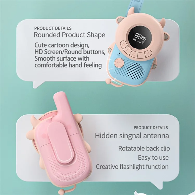 KOOOL K2 2pcs Kids Children Walkie Talkie Cartoon 3KMs Range Walkie Talkie Flashlight with Lanyard for Outdoor Camping (Battery Not Included) - Rosa