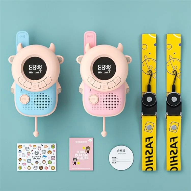 KOOOL K2 2pcs Kids Children Walkie Talkie Cartoon 3KMs Range Walkie Talkie Flashlight with Lanyard for Outdoor Camping (Battery Not Included) - Rosa