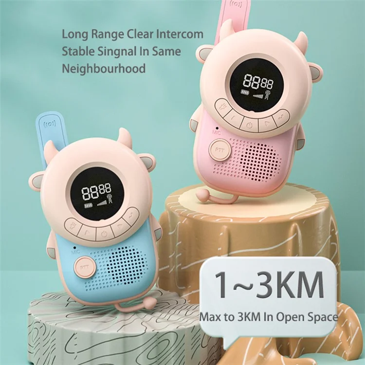 KOOOL K2 2pcs Kids Children Walkie Talkie Cartoon 3KMs Range Walkie Talkie Flashlight with Lanyard for Outdoor Camping (Battery Not Included) - Rosa
