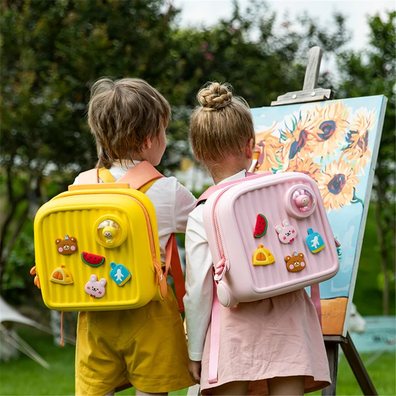 KOOOL K33 Trolley Case Style Kids Travel Backpack EVA+PVC Girls Boys Suitcase Bag with DIY Pattern Patch - Yellow