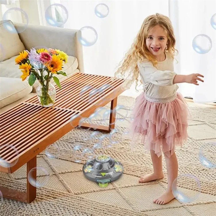 KB1301 18Peças / Caixa Formato de Disco Voador Brinquedo Gerador Automático de Bolhas Elétrico com Rotação, Som e Luz - Cinza