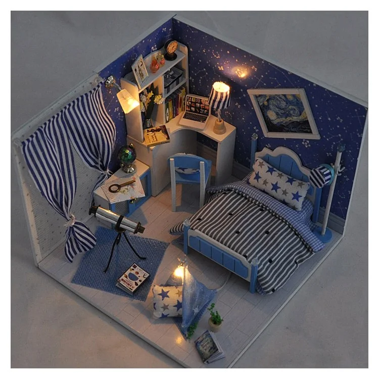 DIY Assembled Wooden Starry Sky Dollhouse Kids Toy with LED Light Dust Cover