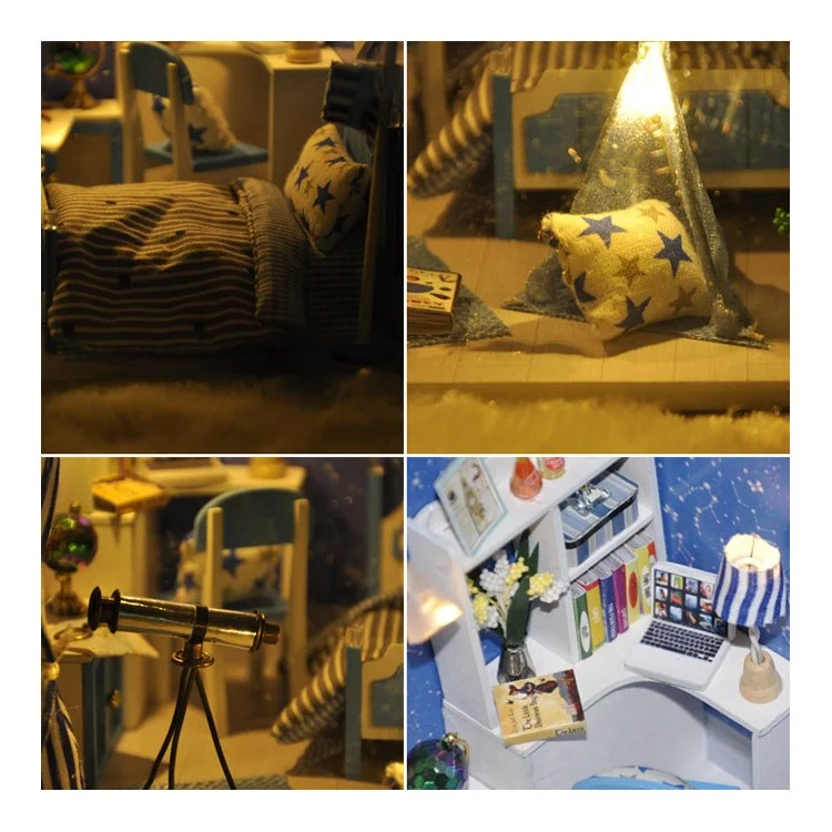 DIY Assembled Wooden Starry Sky Dollhouse Kids Toy with LED Light Dust Cover