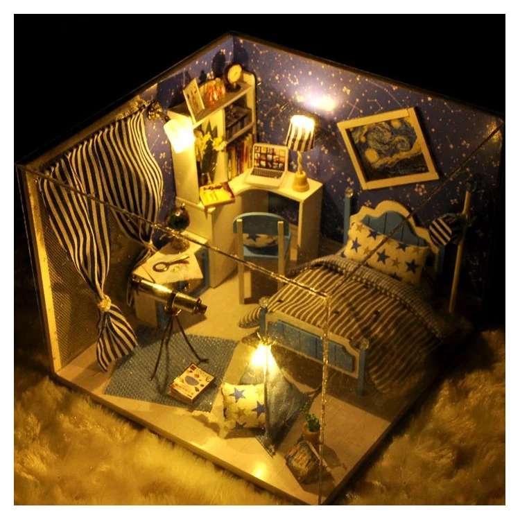 DIY Assembled Wooden Starry Sky Dollhouse Kids Toy with LED Light Dust Cover