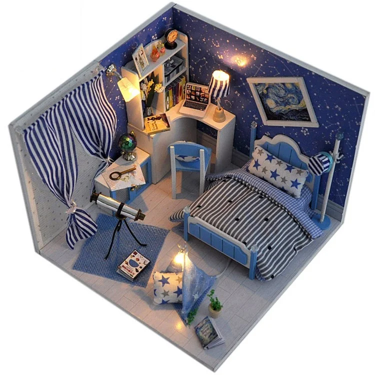 DIY Assembled Wooden Starry Sky Dollhouse Kids Toy with LED Light Dust Cover