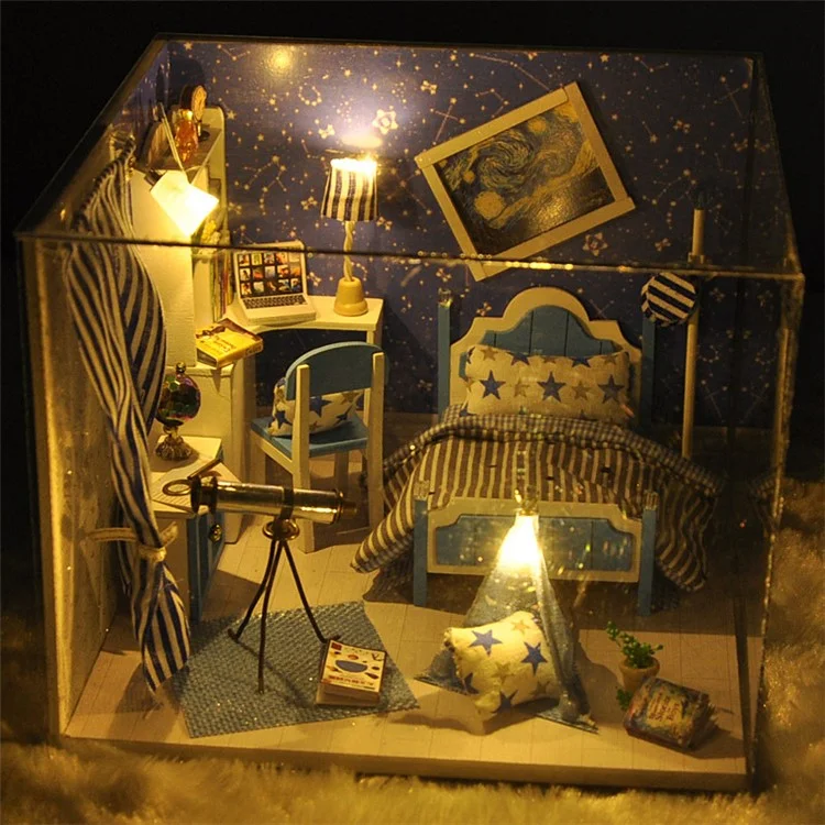 DIY Assembled Wooden Starry Sky Dollhouse Kids Toy with LED Light Dust Cover