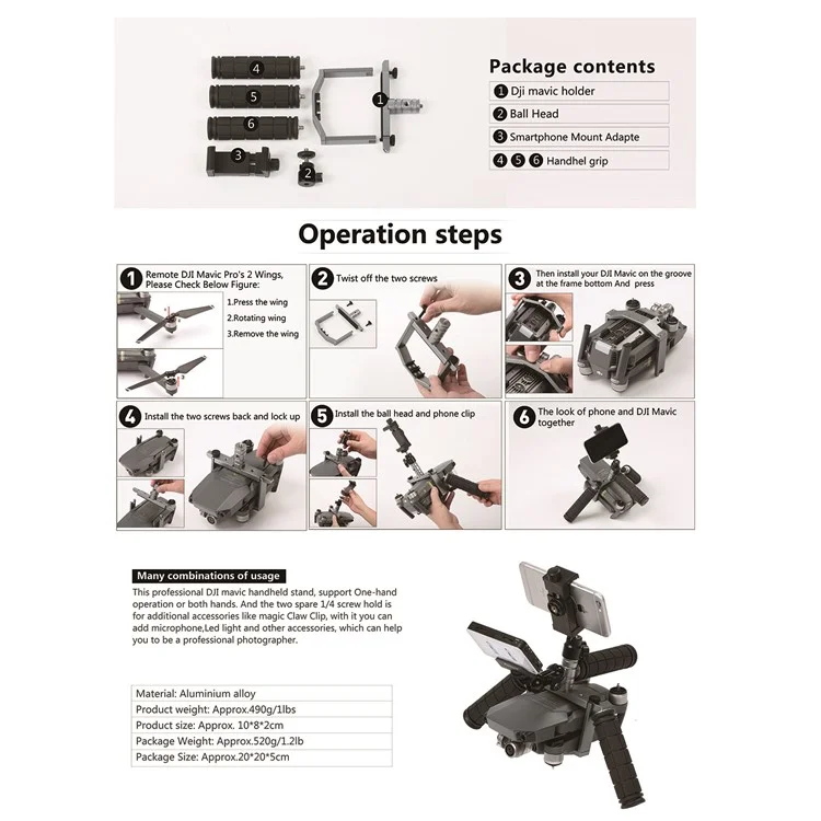 Cinema Tray Metal Dual Handheld Gimbal Camera Stabilizer Bracket Kit for DJI Mavic Pro - Grey