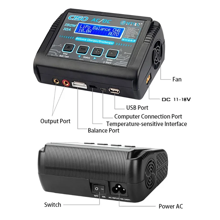 HTRC C150 150W 10A Cargador Inteligente Para Juguetes Eléctricos Balance de Equilibrio Modelo de Avión Cargador de Batería de Litio - Enchufe de Ee. Uu.