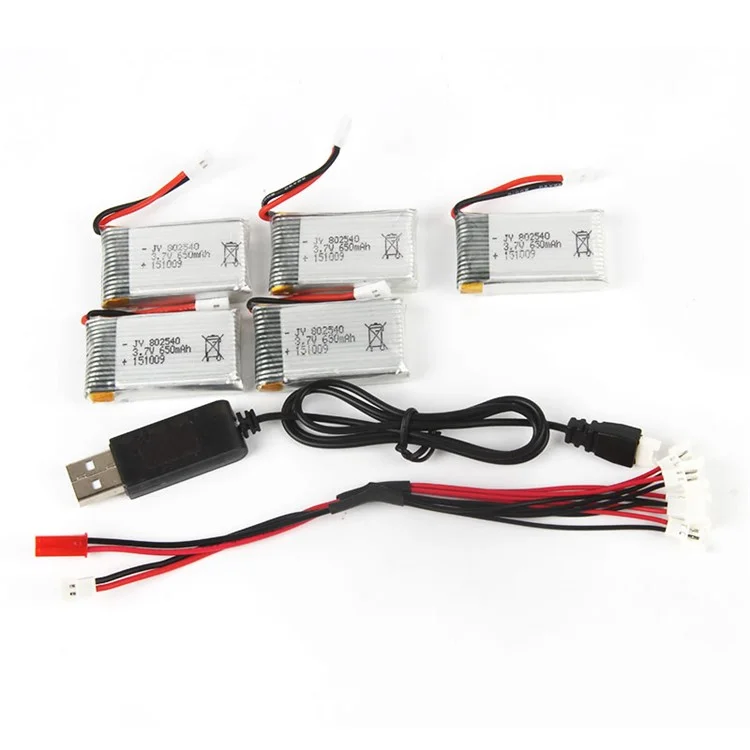 5PCS 3.7V 650mAh Li-Po Battery with 2-to-5 Connecting Cable and USB Cable for LIDIRC L15W/L15FW / SYMA X5C/X5SC/X5SW
