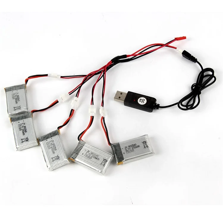 5PCS 3.7V 650mAh Li-Po Battery with 2-to-5 Connecting Cable and USB Cable for LIDIRC L15W/L15FW / SYMA X5C/X5SC/X5SW