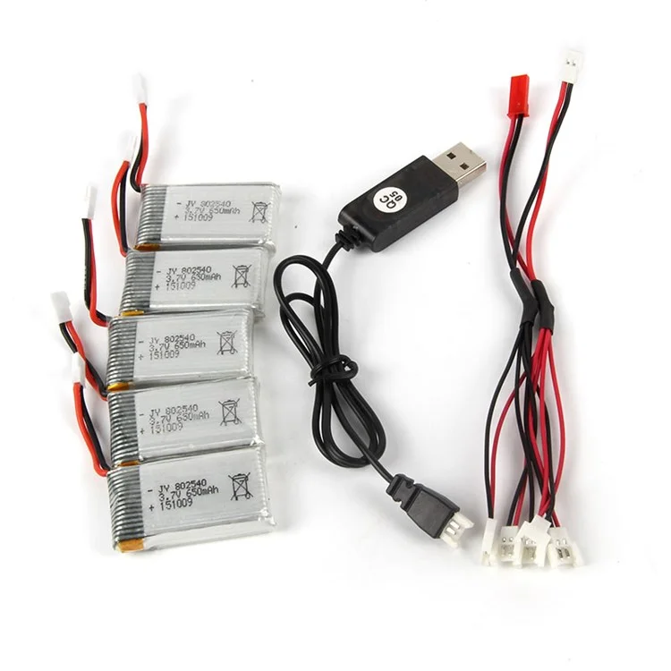 5PCS 3.7V 650mAh Li-Po Battery with 2-to-5 Connecting Cable and USB Cable for LIDIRC L15W/L15FW / SYMA X5C/X5SC/X5SW