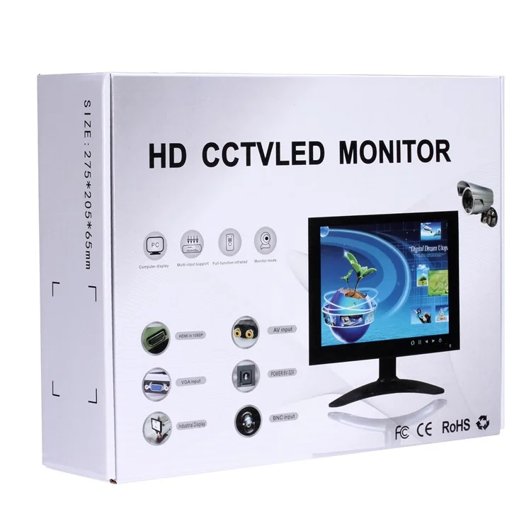 8 Inch TFT LED HD Monitor HDMI VGA BNC AV Input for CCTV Camera - US Plug