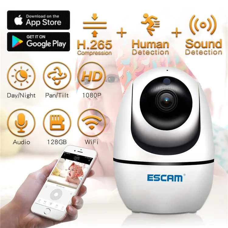 ESCAM PVR008 HD Safety H.265 1080p Pan/Tilt WiFi IR IP Camera Suporte Onvif - Plugue da ue