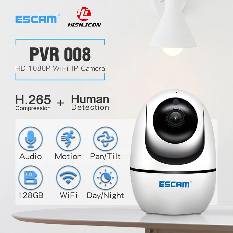 ESCAM PVR008 HD Safety H.265 1080P Pan/Tilt WiFi IR IP Camera Support ONVIF Two Way Talk Night Vision - UK Plug