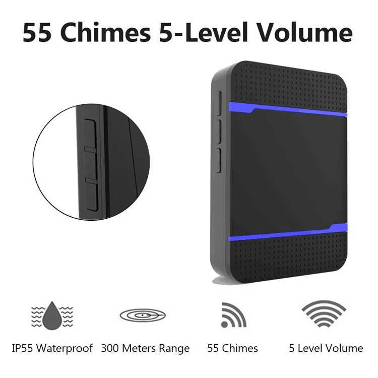 N15K-B IP55 IP55 Wireless Wireless Kit Transmisor + Receptores Campana de Muñeca Con 55 Chimes 5 Nivel Volumen de 300m Rango Para el Hogar - Enchufe de la ue