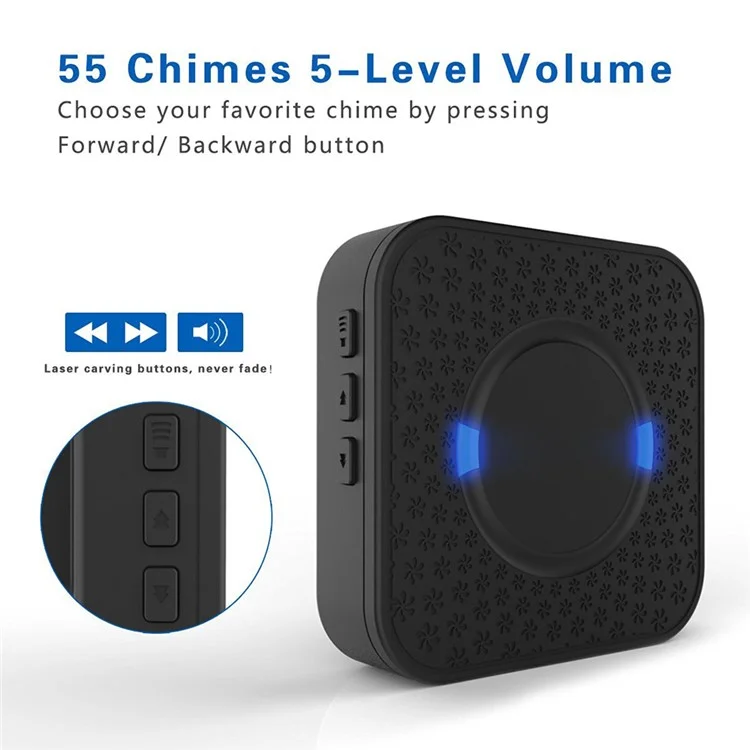 N6S 300m Wireless Doorbell Kit 2 Transmitters + 2 Plug-in AC Receivers 55 Chimes - Black / EU Plug