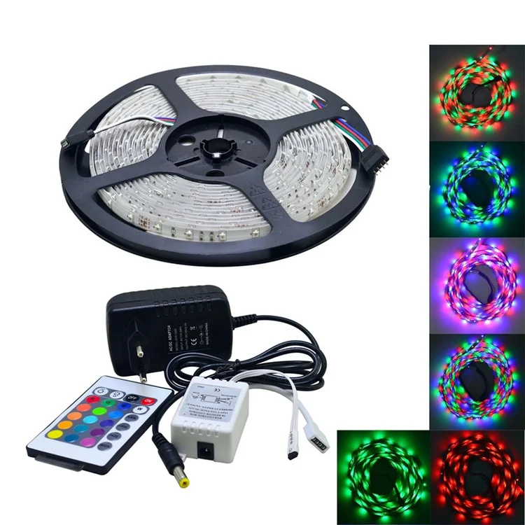 JIAWEN Waterproof 5M 300 x 3528 SMD RGB LED Flexible Strip Light with 24 Key Remote Controller and 2A Power Supply Adapter - EU Plug