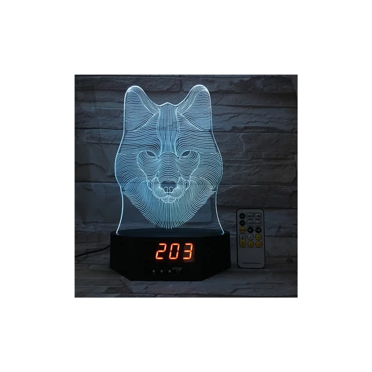 SZ392 Wolf Pattern 3D LED Night Desk Lamp Light Illusion Lamp Color Changing with Clock